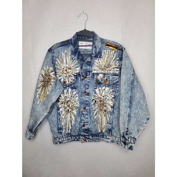 Hot Stuff by Suzy Ryan Signed Art To Wear Sunflower Embellished Denim Jacket - Picture 1 of 12